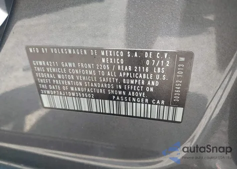 2013 Volkswagen Jetta 2.5L Se z USA, uszkodzony, nr VIN 3VWDP7AJ1DM359502